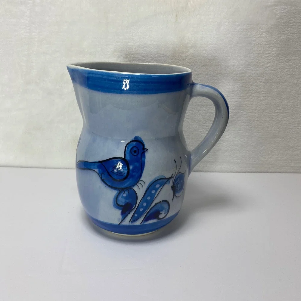 VTG Hand Painted Signed Tonala Mexican Folk Art Ceramic Pitcher Vase Blue Floral